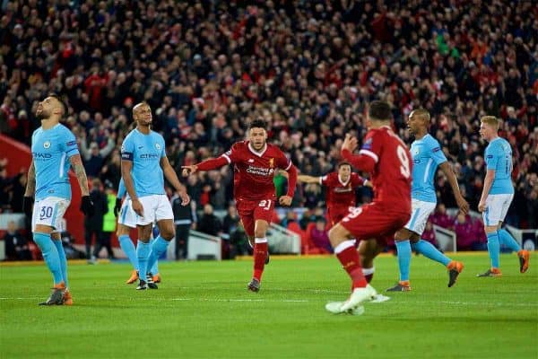 LIVERPOOL, ENGLAND - Wednesday, April 4, 2018: Liverpool's Alex Oxlade-Chamberlain celebrates scoring the second goal during the UEFA Champions League Quarter-Final 1st Leg match between Liverpool FC and Manchester City FC at Anfield. (Pic by David Rawcliffe/Propaganda) LIVERPOOL, ENGLAND - Wednesday, April 4, 2018: Liverpool's Alex Oxlade-Chamberlain celebrates scoring the second goal during the UEFA Champions League Quarter-Final 1st Leg match between Liverpool FC and Manchester City FC at Anfield. (Pic by David Rawcliffe/Propaganda)
