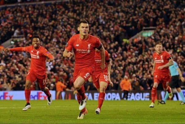 LIVERPOOL, ENGLAND - Thursday, April 14, 2016: Liverpool's Dejan Lovren celebrates scoring the dramatic fourth goal against Borussia Dortmund in injury time to seal a 4-3 (5-4 aggregate) victory during the UEFA Europa League Quarter-Final 2nd Leg match at Anfield. (Pic by David Rawcliffe/Propaganda) LIVERPOOL, ENGLAND - Thursday, April 14, 2016: Liverpool's Dejan Lovren celebrates scoring the dramatic fourth goal against Borussia Dortmund in injury time to seal a 4-3 (5-4 aggregate) victory during the UEFA Europa League Quarter-Final 2nd Leg match at Anfield. (Pic by David Rawcliffe/Propaganda)