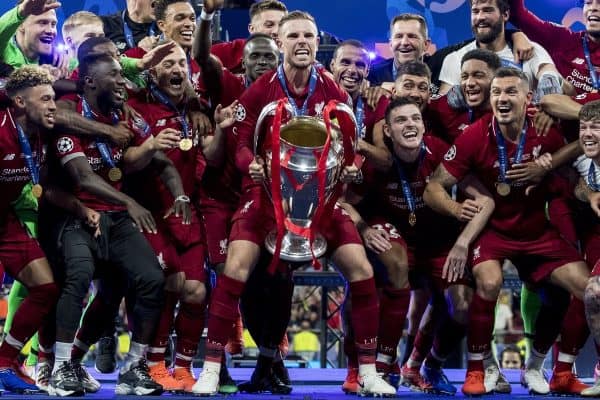 MADRID, SPAIN - SATURDAY, JUNE 1, 2019: Liverpool's captain Jordan Henderson lifts the European Cup following a 2-0 victory in the UEFA Champions League Final match between Tottenham Hotspur FC and Liverpool FC at the Estadio Metropolitano. (Pic by Paul Greenwood/Propaganda) MADRID, SPAIN - SATURDAY, JUNE 1, 2019: Liverpool's captain Jordan Henderson lifts the European Cup following a 2-0 victory in the UEFA Champions League Final match between Tottenham Hotspur FC and Liverpool FC at the Estadio Metropolitano. (Pic by Paul Greenwood/Propaganda)