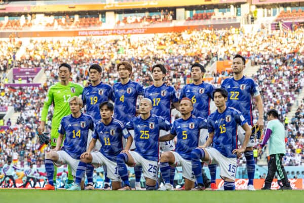 DOHA, QATAR - Wednesday, November 23, 2022: Japan players line-up for a team group photograph before the FIFA World Cup Qatar 2022 Group E match between Germany and Japan at the Khalifa International Stadium. Back row L-R: goalkeeper Shuichi Gonda, Hiroki Sakai, Ko Itakura, Ao Tanaka, Water Endo, Maya Yoshida. Front row L-R: Junya Ito, Takefusa Kubo, Daizen Maeda, Yuto Nagatomo, Daichi Kamada. (Pic by David Rawcliffe/Propaganda) DOHA, QATAR - Wednesday, November 23, 2022: Japan players line-up for a team group photograph before the FIFA World Cup Qatar 2022 Group E match between Germany and Japan at the Khalifa International Stadium. Back row L-R: goalkeeper Shuichi Gonda, Hiroki Sakai, Ko Itakura, Ao Tanaka, Water Endo, Maya Yoshida. Front row L-R: Junya Ito, Takefusa Kubo, Daizen Maeda, Yuto Nagatomo, Daichi Kamada. (Pic by David Rawcliffe/Propaganda)